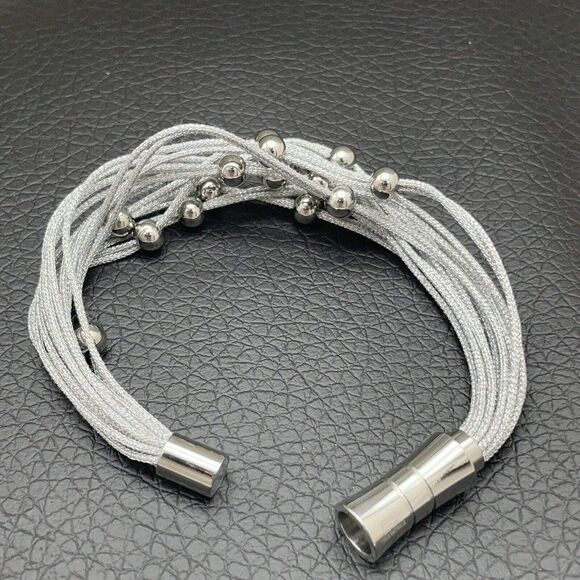 Stainless Steel Woven Bracelet Multi Strand w/ Bead Details Silver Tone 6.75" - Picture 6 of 6